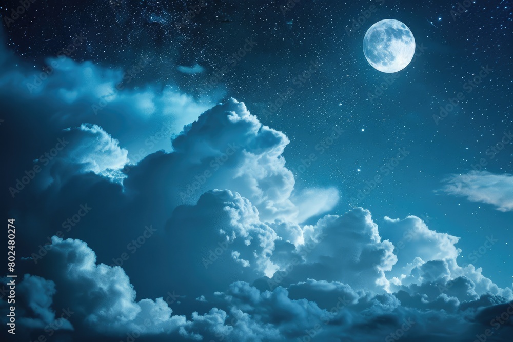 Marvelously Beautiful Blue Night Sky with Full Moon, Stars, and Clouds