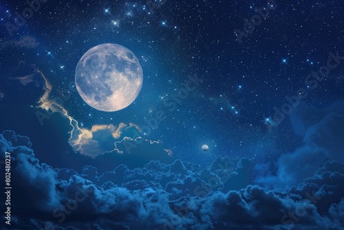 Marvellously Beautiful Fullmoon Night Sky with Blue Clouds and Stars © Serhii