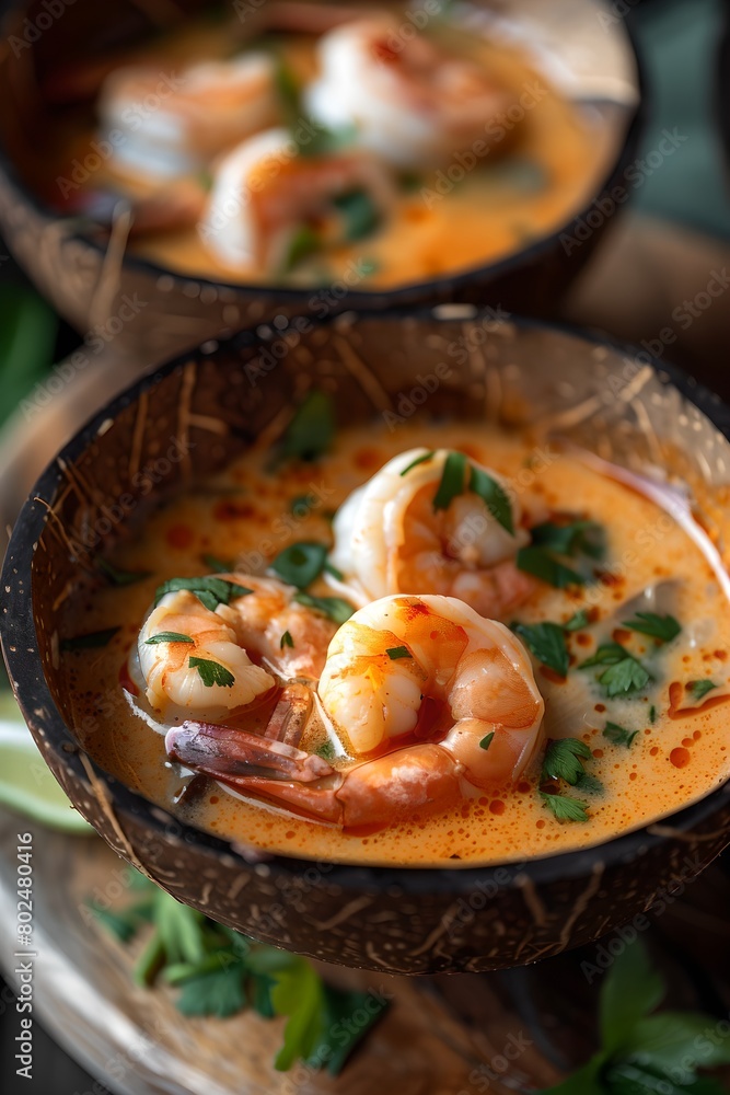 Coconut shrimp soup in bowl. Thai cuisine. Tropical food concept. Summer vacation. Design for menu, banner, poster. 