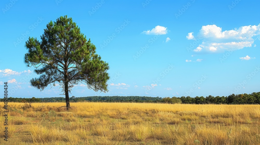 Long Leaf Pine in the Sunny Savannah Forest with Blue Sky and Holly: A Peaceful Shelter in Nature's