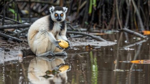 A Verreaux's sifaka  lemur squats on a riverbank in a rain forest. The endemic animal holds a banana in its paw and looks away. The mouth is open. Reflection in calm water. Madagascar. Vakona Forest photo