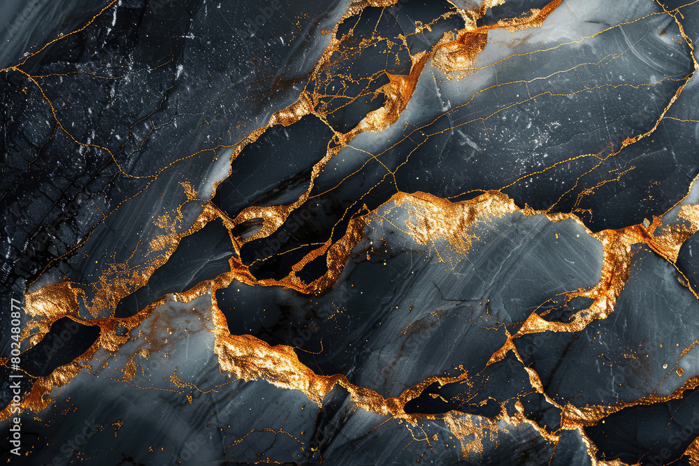 Black marble with golden veins, cracks and glowing lights. Dark gray background. Created with Ai