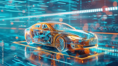 Development engineers are testing driverless autopilot system integrated into an electric car with AI artificial intelligence. They use innovative cutting edge 3D modeling technology of visualisation photo