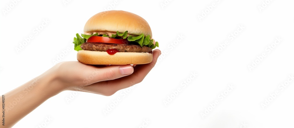 Hand holding a burger on a white background. Hand holding a burger with beef patty and vegetables. Fast food concept. Hand holding a burger on a white background. Hand holding a burger with beef patty and vegetables. Fast food concept.