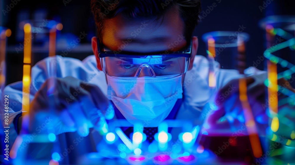 Scientist man, computer and typing in lab for medical, pharmaceutical or covid research in face mask. Young male doctor, innovation and report on pc, check dna and science app for blood in laboratory Scientist man, computer and typing in lab for medical, pharmaceutical or covid research in face mask. Young male doctor, innovation and report on pc, check dna and science app for blood in laboratory
