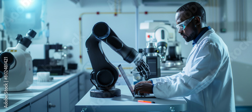 capturing an engineer in a clean room wearing a lab coat while configuring a robotic hand with a laptop for pharmaceutical manufacturing, Robotic process automation, Soft and diffu