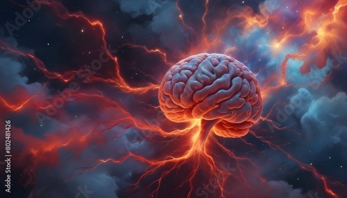 A human brain surrounded by a cosmic, nebula-like background 