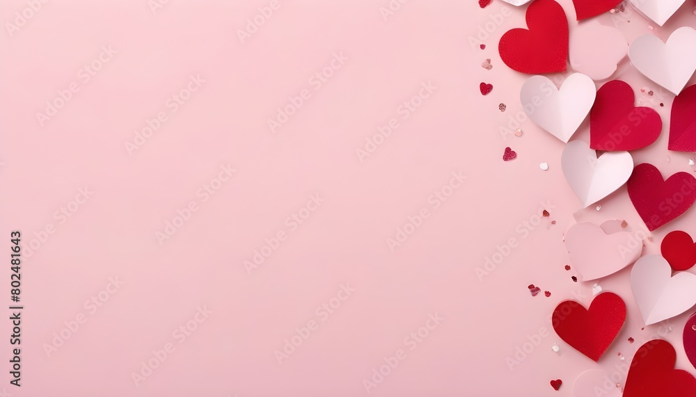 Red paper hearts on a pink background