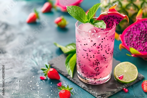 Dragon fruit cocktail on a blue stone surface. Tropical drink for summer party. Refreshing beverage concept. Fruit lemonade with strawberry, lime and mint photo