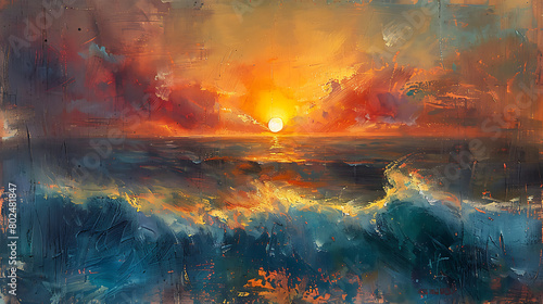 Vibrant oil painting capturing waves crashing onto sandy shore under a stunning sunset sky  depicting serene coastal beauty with vivid colors and dynamic textures.