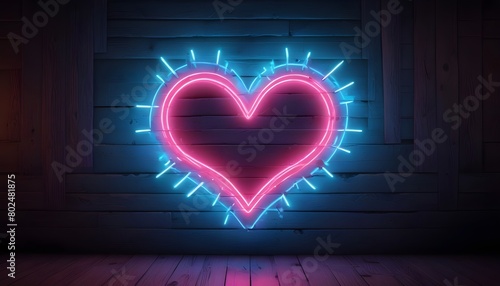 A large neon heart-shaped sign glowing against a dark blue brick wall background