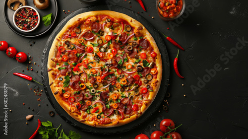 Hot fresh Italian pizza on a black table. Delicious pizza decorated with cherry tomatoes and basil. Food concept.