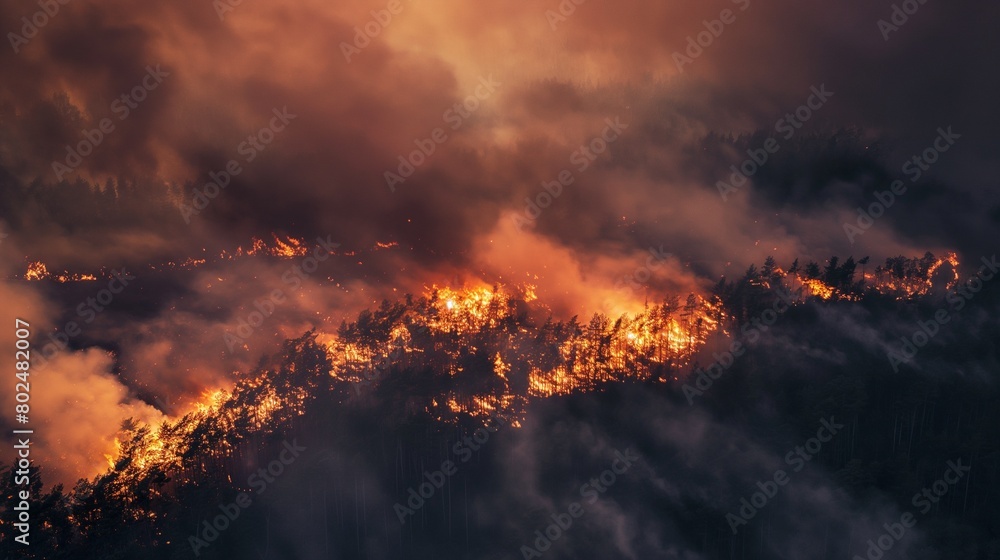 Volcano. Top view. Magma coming from the top of volcano. Fire and lava inside the volcano. Natural disasters.