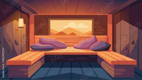 A cozy corner of the sauna where a soft cushioned bench invites you to lay down and close your eyes. The gentle heat from the rocks below lulls you.
