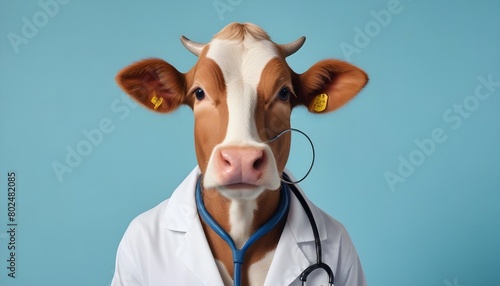 A funny cow wearing a doctor's lab coat and stethoscope against a blue background