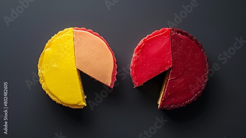 A visual explanation of fractions using two sliced cakes in red and yellow, aimed at simplifying mathematical concepts for educational purposes photo