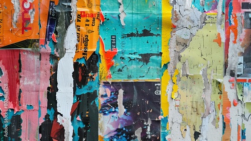 An abstract background created from old, torn street posters, featuring a diverse range of textures and colors