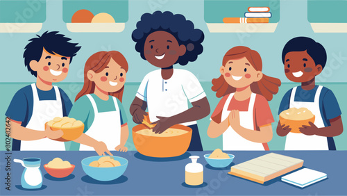 Laughter and chatter fill the air as the class works together to mix knead and roll out dough for traditional hot water cornbread a humble but. Vector illustration