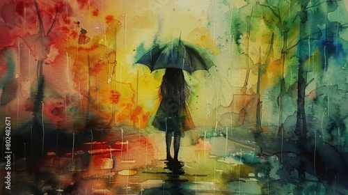 cute girl,full body,she is We're getting rained on. looking at us. I don't have an umbrella. watercolor paintingI feel at home