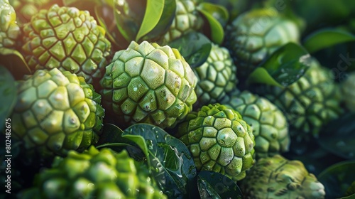 The sugar-apple, also known as custard apple, is a tropical fruit with a green, scaly exterior and creamy, white, sweet flesh inside. This exotic fruit is prized for its unique taste, combining flavor photo