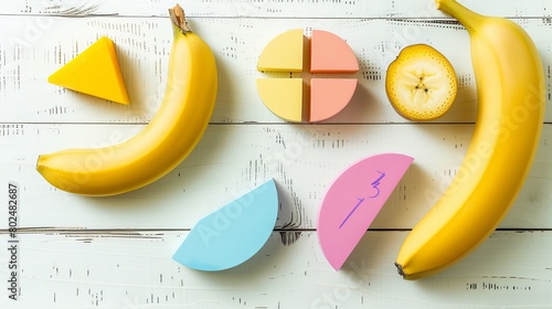 An educational set up featuring colorful math fractions and bananas on a white wooden table, designed to teach geometry and math in a fun, interactive manner