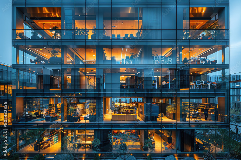  A photograph of an office building at night, showcasing the interior design with glass walls and multiple floors filled with busy employees working at their desks. Created with Ai