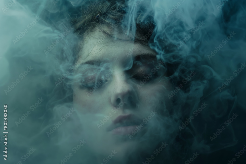 Mysterious image of a woman's face partially obscured by swirls of blue smoke Mysterious image of a woman's face partially obscured by swirls of blue smoke