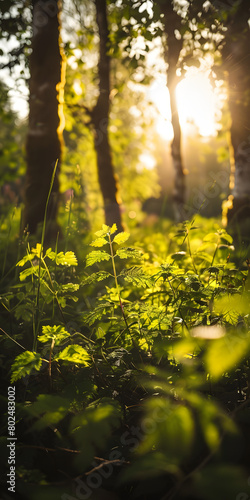 Floresta exuberante com a luz solar vibrante filtrando através das folhas