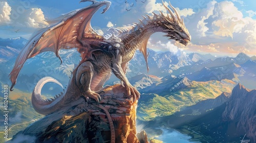 colossal  ancient dragon perches on a mountaintop  with a vast  sprawling fantasy world visible in the background  emphasizing the creature s majesty and power  rendered in a detailed