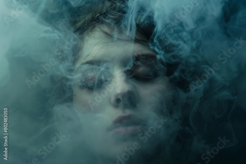 Mysterious image of a woman's face partially obscured by swirls of blue smoke