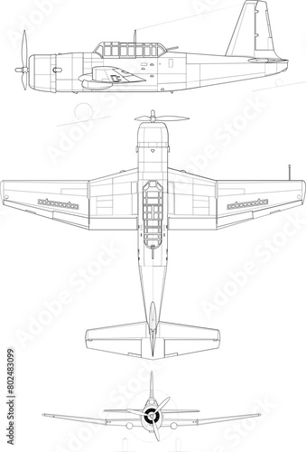Vultee A-35 Vengeance 3-view-svg vector file.svg