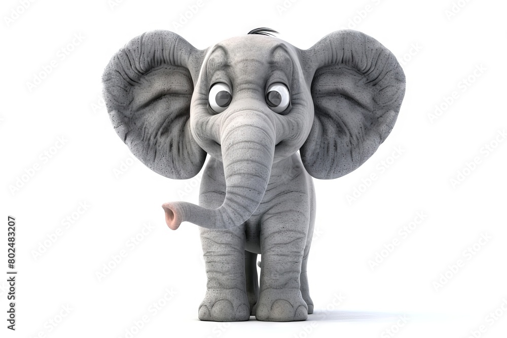 Cute cartoon elephant standing alone. Baby elephant Isolated on white background. Concept of wildlife, playful characters, kids book illustration, funny animals. Digital art
