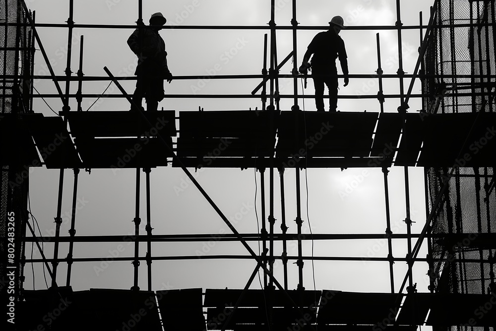 The stark black silhouettes of two construction workers on high scaffolding against a cloudy grey sky
