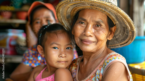 Elderly Southeast Asian woman with a child, wearing a traditional hat. Senior Thai lady and young girl smiling. Concept of family, generations, cultural heritage.