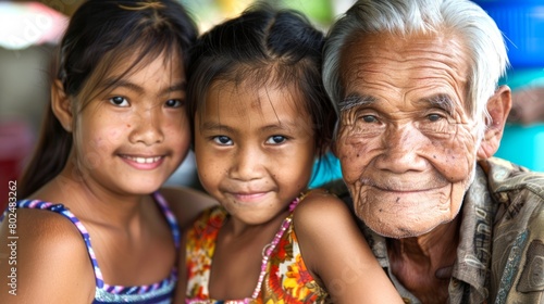 Southeast Asian elderly man with grandchildren, close-up family portrait. Senior Thai male with kids, smiling together. Concept of family bond, happiness, generational connection. photo