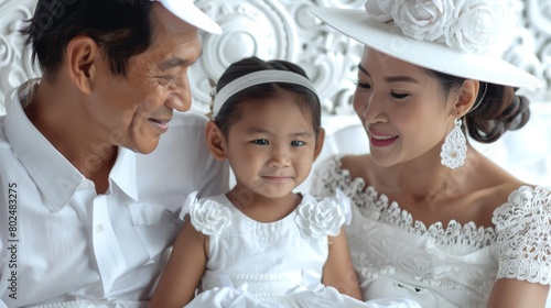 Asian family in elegant white attire sharing a joyful moment. Thai man, woman, and child smiling in ornate white clothing. Concept of family happiness, elegance, and cultural traditions.