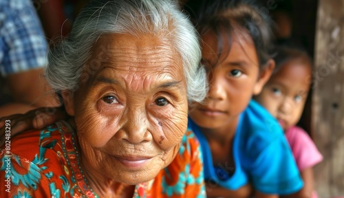 Elderly Southeast Asian woman with grandchildren  candid family moment. Senior Thai lady surrounded by kids  smiling. Concept of family  generational bond  cultural heritage.