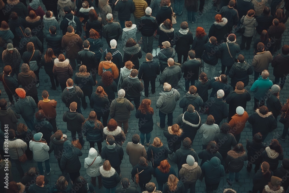 Obraz premium A bird's-eye perspective capturing a dense crowd of people wearing winter clothing in a public assembly