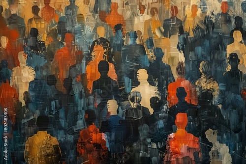 A mesmerizing painting filled with abstract figures resembling a crowd in varied hues of orange, blue, and brown photo