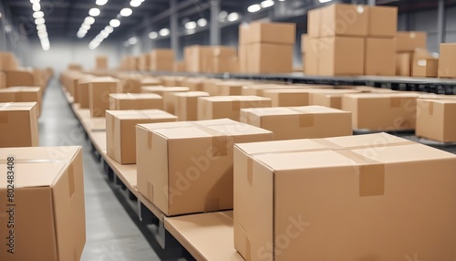 Cardboard boxes on a conveyor belt in a warehouse, with blurred background lights