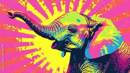 Vibrant pop art style elephant on a bright backdrop. Colorful digital artwork of an elephant in a bold  graphic design. Concept of modern art  wildlife in pop culture  and artistic vibrancy.