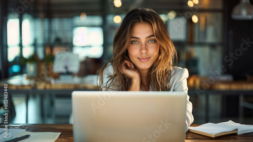 Bella donna mentre lavora con un pc portatile in un moderno ufficio photo