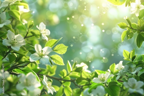 Blossoming branch of white flowers and green leaves on blurred background