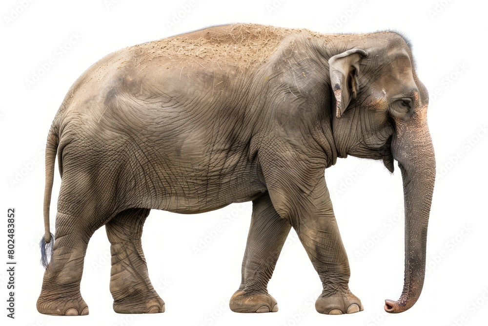 Fototapeta premium African Elephant isolated on a white background. Cute Elephant standing alone. Concept of wildlife, animal portraits, zoology and conservation.