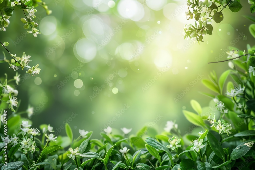 Beautiful nature background with green leaves and white flowers bokeh Beautiful nature background with green leaves and white flowers bokeh