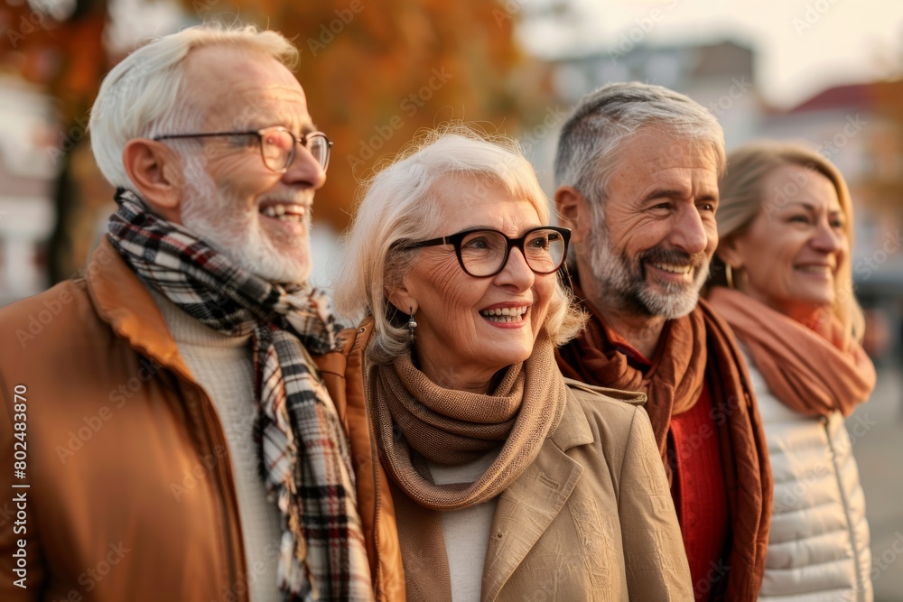 smiling senior couple walking in autumn park with adult son and daughter smiling senior couple walking in autumn park with adult son and daughter