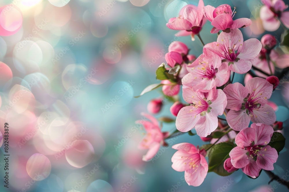 Beautiful pink cherry blossoms on blue bokeh background.