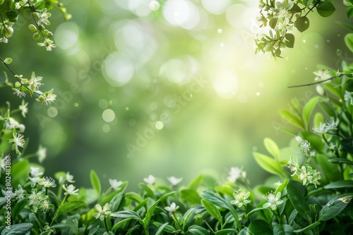 Beautiful nature background with green leaves and white flowers bokeh