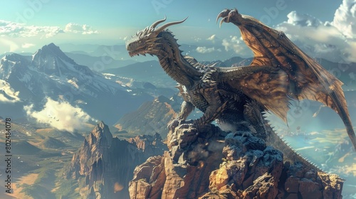 colossal, ancient dragon perches on a mountaintop, with a vast, sprawling fantasy world visible in the background, emphasizing the creature's majesty and power, rendered in a detailed © Ahtesham
