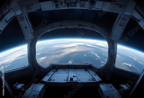 A view of the Earth from a spacecraft window, with the planet's atmosphere and curvature visible against the backdrop of a starry night sky
